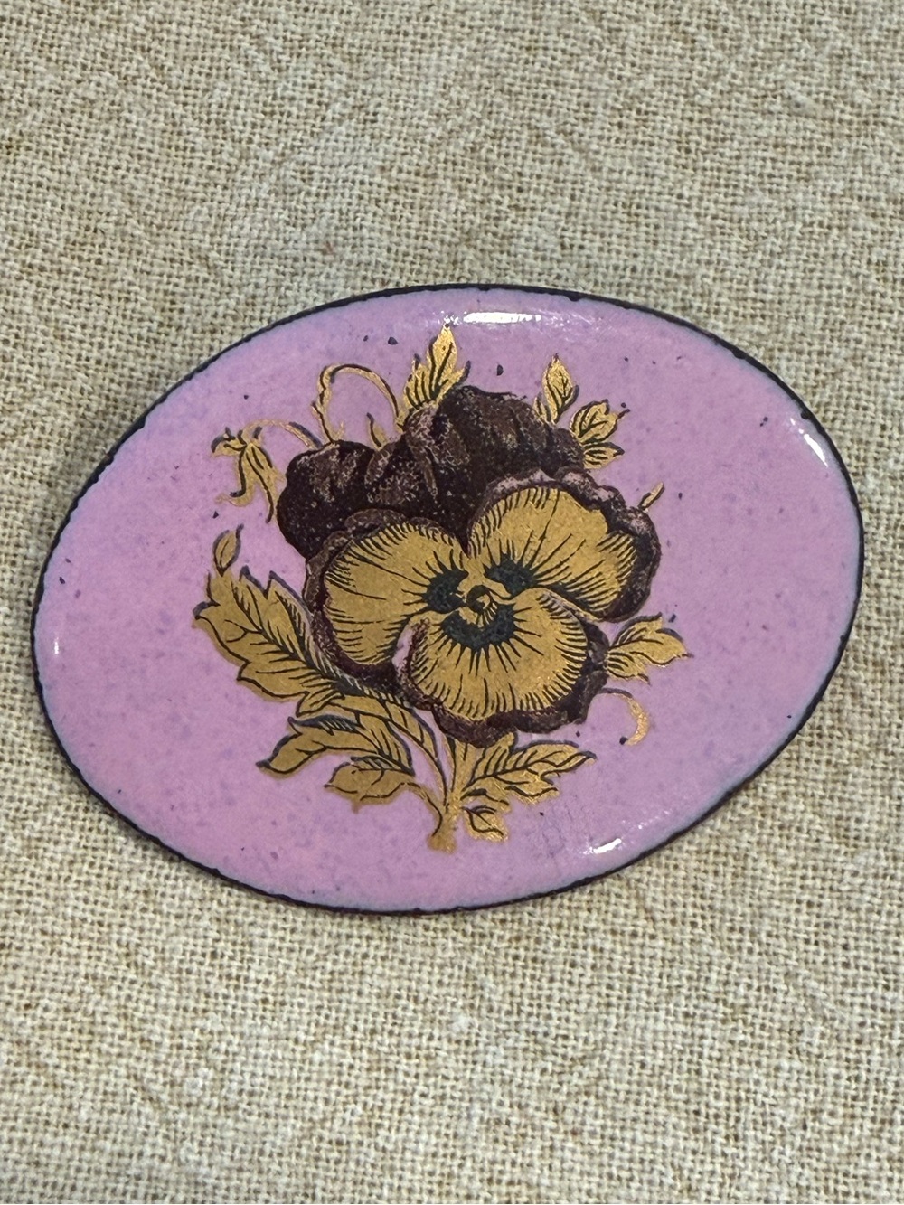 Pansy floral brooch oval pink yellow brown vintage preppy pinup
